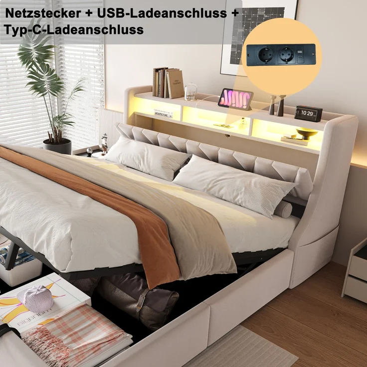 U-life Polsterbett 180x200 cm, fürs Schlafzimmer, hydraulischer Stauraum, klappbar, Steckdose und Ablagefach, LED-Beleuchtung, Sperrholz, Beige – Bild 4