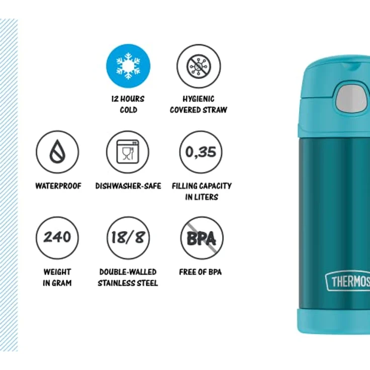 THERMOS kids FUNTAINER STRAW BOTTLE 0,35l, ocean teal, Thermosflasche für Kinder aus Edelstahl, mit Strohhalm, 12 h kalt, absolut dicht, für Schule, Kindergarten, Pause – Bild 6