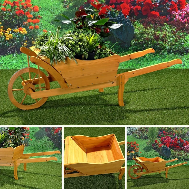 Garten Pflanzschubkarre Schubkarre aus Holz Blumenkarre Blumenkübel gelbbraun – Bild 1