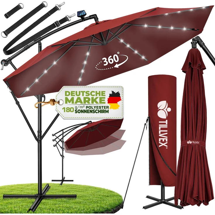 tillvex Alu Ampelschirm Rot LED Solar Ø 300 cm mit Kurbel | Sonnenschirm mit An-/Ausschalter | Gartenschirm UV-Schutz Aluminium | Kurbelschirm mit Ständer Marktschirm wasserdicht – Bild 1