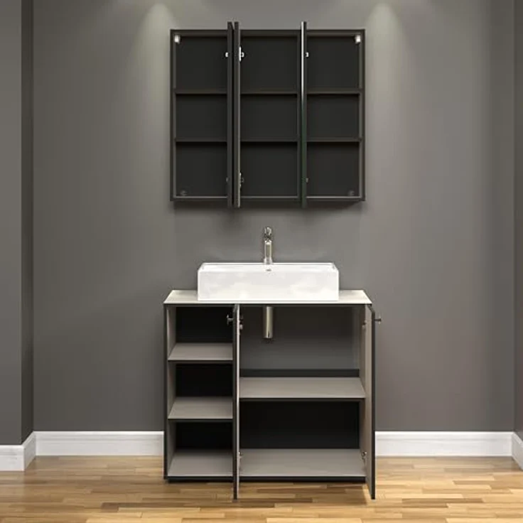 trendteam smart living - PureBliss - Waschbeckenunterschrank - Kashmir Hellgrau -Rillenoptik - 3 offene Fächer + 1 Einlegeboden - (BxHxT) 90 x 79 x 53 cm - edle Metallgriffe – Bild 6