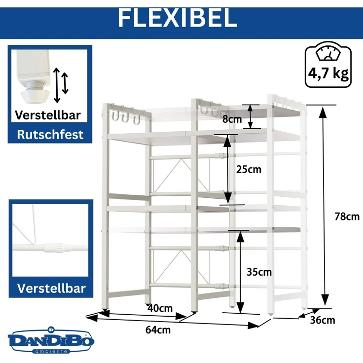 DanDiBo Verstellbares Mikrowellenregal Weiß 3 Stufig 40-64 cm Mikrowellen Regal 96684 Stehend Mikrowellenständer Küchenregal – Bild 2