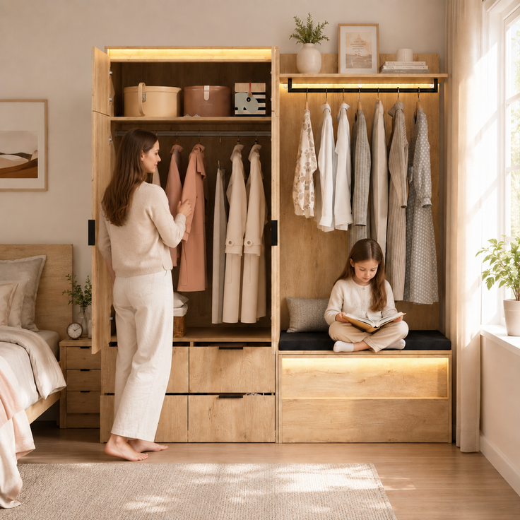 Kleiderschrank, Garderoben-Set Garderobe, mit LED-Beleuchtung und Spiegel, 180 x 47 x 200 cm, Eingangsgarderobe, mit 2 Kleiderstangen, 4 Schubladen and 3 LED-Beleuchtung, Anthrazit-eiche--Holz--180x47x200cm--YOUDENOVA – Bild 8