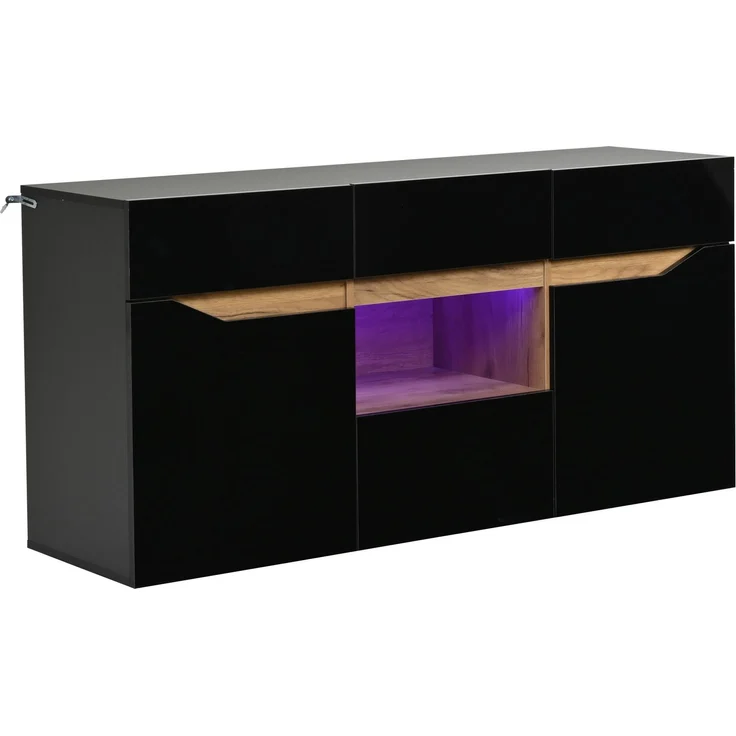 DESVIAE Sideboard mit 4 Schubladen und LED-Beleuchtung 140x70x40 cm Spanplatte Schwarz/Naturholz – Bild 8