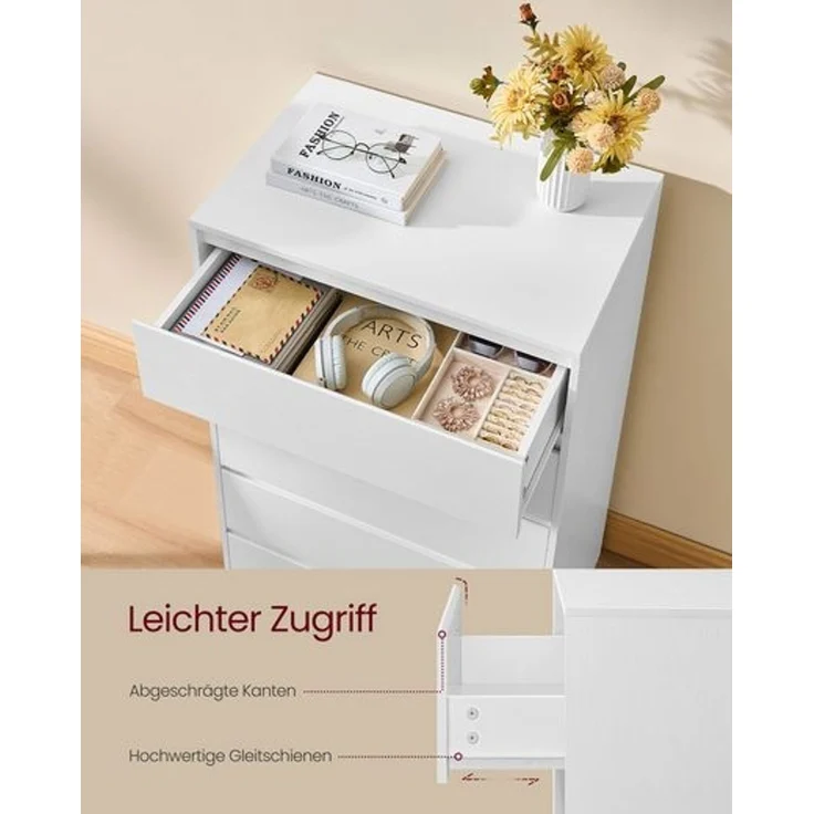 VASAGLE Kommode, Aufbewahrungsschrank, mit 5 Schubladen, für Schlafzimmer, 40 x 60 x 97,4 cm, modern, weiß – Bild 3
