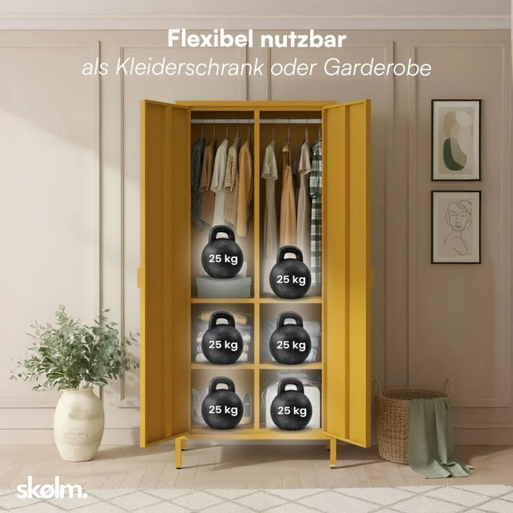 skølm 'Ituri' Kleiderschrank, Metall, 170x45x80 cm, senfgelb, Garderobe mit 4 Fächern und 2 Kleiderstangen – Bild 5