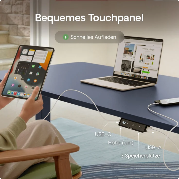 Desktronic HomeOne Elektrisch höhenverstellbarer Schreibtisch 140x70cm Blau/Blau mit Memory-Funktion, Anti-Kollisions Technologie, USB-A und USB-C-Ladeanschlüssen – Bild 6