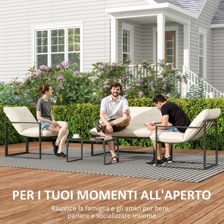 4-teiliges Gartenset mit Sitzbank, 2 Sesseln und Beistelltisch, aus Stahl, Polyester und Baumwolle (PP), beige und grau – Bild 9