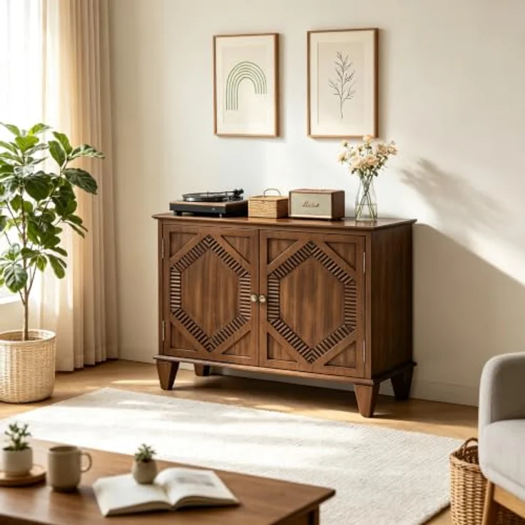Vectis Sideboard mit Echtholzfurnier, reliefverzierte Doppeltüren & verstellbarem Einlegeboden für Eingang & Esszimmer (Walnussfarbe) – Bild 5