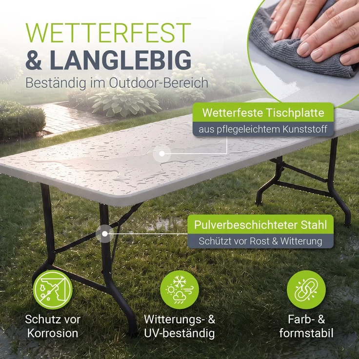 JUSKYS® Klappbarer Gartentisch Easyfold Weiß - Wetterfester, Klapptisch mit Tragegriff, stabiler multifunktionaler Buffettisch, 180x74x74 cm, 200 kg belastbar – Bild 3