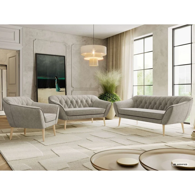 Wohnzimmerset PIRS 1-2-3, Skandinavisches Komplettset, Wellenfederung, schwarze Füße, Sitzgruppe, Möbelset - Beige Stukture – Bild 1