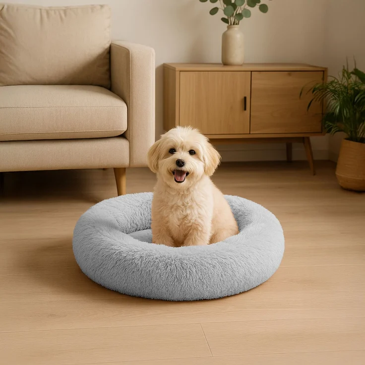 belviona Donut-Hundebett, kuscheliges Plüschbett mit weicher Füllung, sicherem Halt & ergonomischem Rand, 50 cm Durchmesser, hellgrau – Bild 1