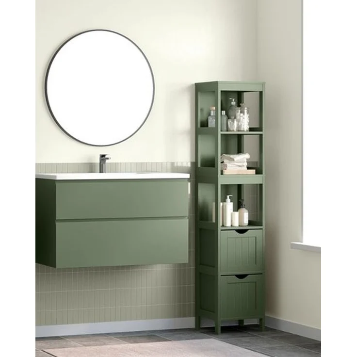 VASAGLE Badezimmerschrank, Schrank freistehend, Badezimmermöbel, mit 2 Schubladen, offenen Fächern, für Badezimmer, Wohnzimmer, Küche, modern, 30 x 30 x 141,5 cm – Bild 3