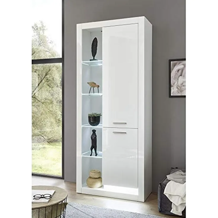 Vitrinenschrank in Hochglanz weiß MAILAND-61 inkl. LED-Beleuchtung, B/H/T: 80/195/37cm