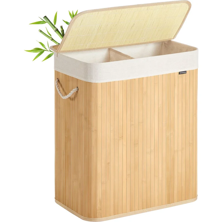 SONGMICS Wäschekorb 2 Fächer, 100 L Wäschesammler mit Deckel, Wäschebox Bambus, mit Griffen, faltbar, Wäschesack herausnehmbar maschinenwaschbar, Waschküche, braun, Naturfarben – Bild 1
