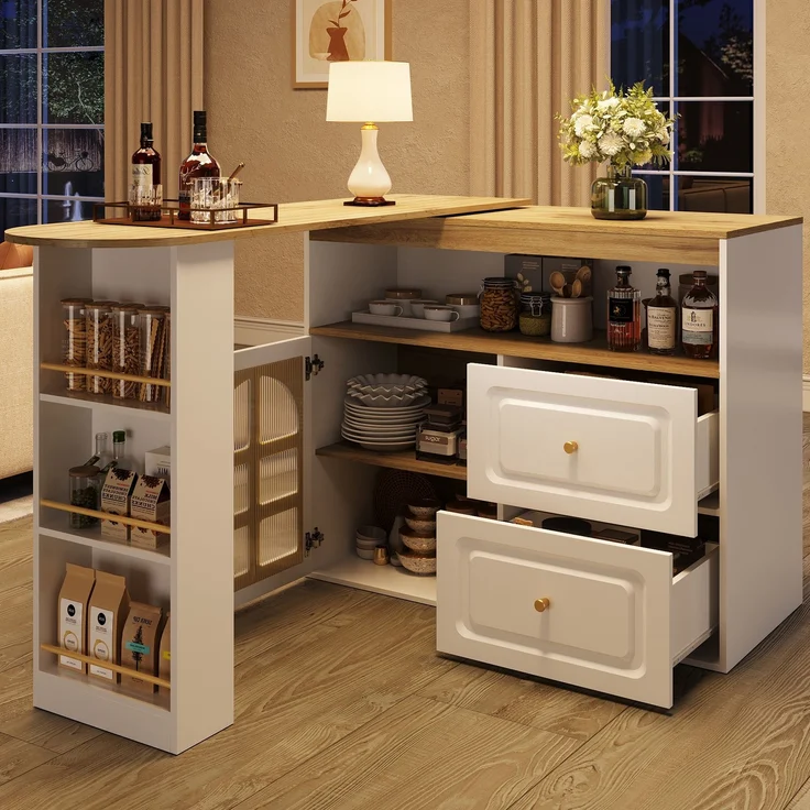 Stehtisch ausziehbar MDF Glastür Schubladen Snackregal 360°-Drehbar Sideboard Küchenwagen Wohnzimmertisch – Bild 3