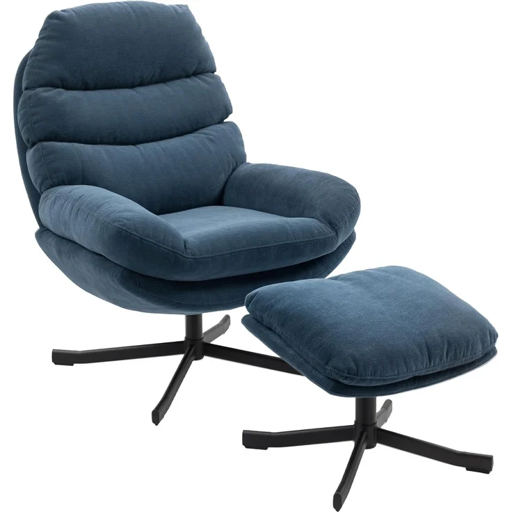 HOMCOM Relaxsessel mit Hocker Sessel Loungesessel mit Chenille-Optik breiter Sitzfläche Drehbar Polstersessel Armlehnensessel für Wohnzimmer, Schlafzimmer, Blau