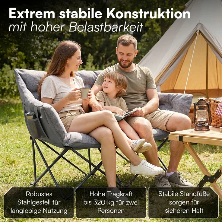 STEELSØN 'Hoggar' Campingbank für 2 Personen, grau, XXL Klappstuhl, bis 320 kg, gepolsterte Campingbank mit 2 Seitentaschen – Bild 5