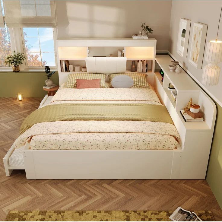 Tagesbett 140x190 cm mit Ausziehbett, Stauraum, Leseleuchten und USB-Anschlüssen – Weiß (ohne Matratze) – Bild 3