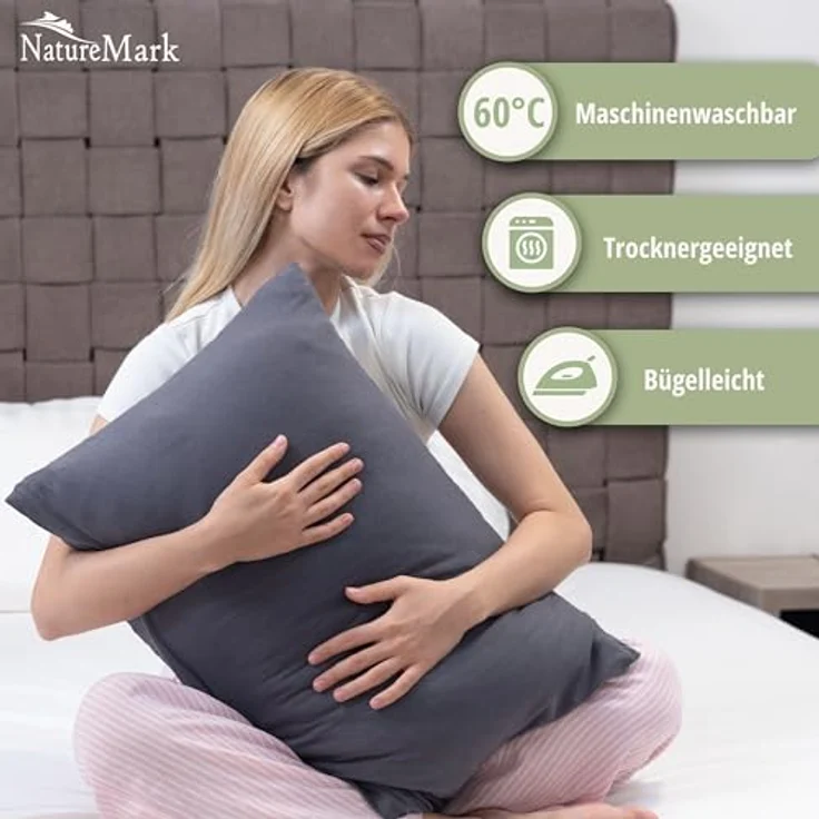 NatureMark 2er Pack Jersey Kissenbezug Kissenhülle Kissenbezüge Seitenschläferkissen Nackenkissen viele Größen und Farben ÖKO-TEX (40x80 cm, Anthrazit grau) – Bild 3