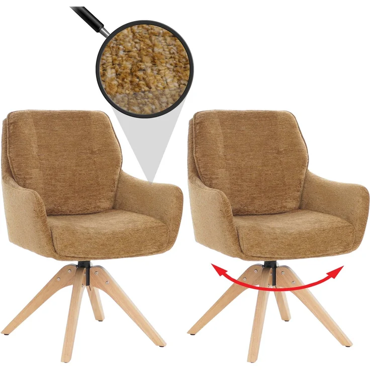 2er-Set Esszimmerstuhl HWC-Q37, Küchenstuhl drehbar Auto-Return, Stoff (680g/m²) Chenille Öko-Tex Holz MVG ~ senfgelb – Bild 1