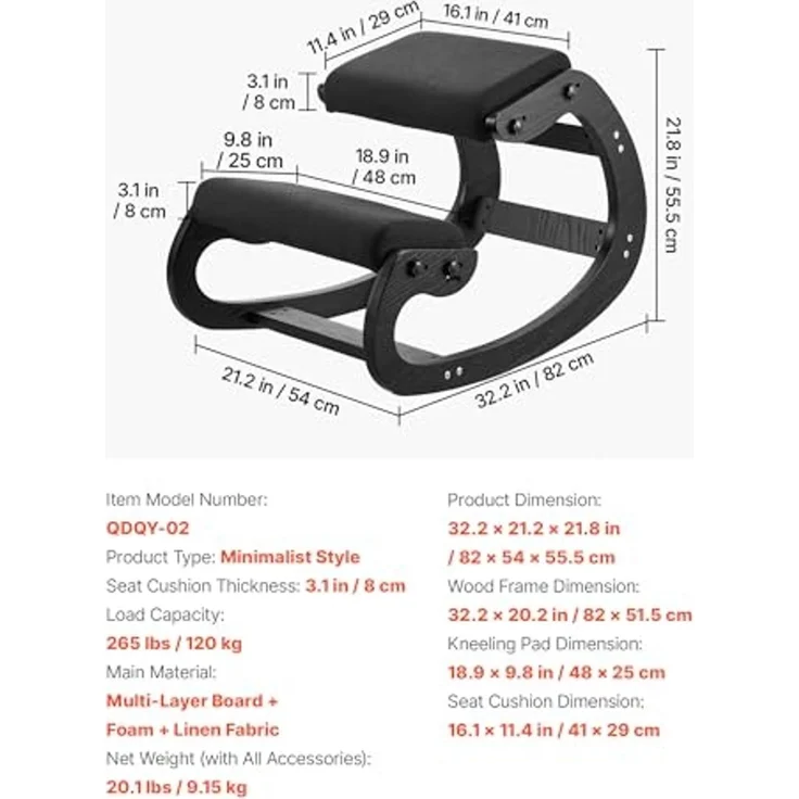 VEVOR Ergonomischer Hocker mit Dicken, Integrierten Schaumstoffpolstern & Massivholzrahmen, Höhenverstellbarer Kniestuhl zur Entlastung von Nacken und Rücken, Ideal für Zuhause, Büro, Schwarz – Bild 3
