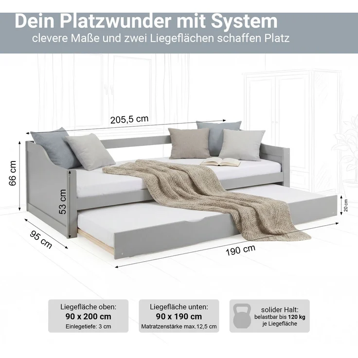 Gästebett Holzbett 90x200 cm mit 2 Matratzen Grau Tagesbett ausziehbar Jugendbett Ausziehbett Funktionsbett – Bild 3