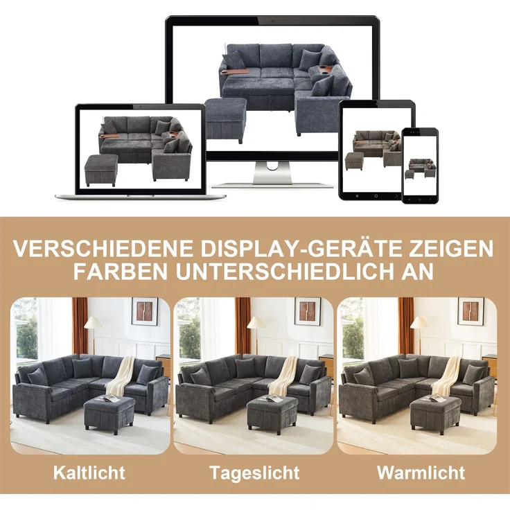 Merax Chenille-Ecksofa, 205cm L-förmiges Sofa mit Schlaffunktion, Ausziehsofa mit Hocker, Leselampe, USB&Type-C, Ausgestattet mit verstecktem Tisch, Ausklappbarer Couchtisch mit zwei Getränkehaltern, Grau – Bild 8