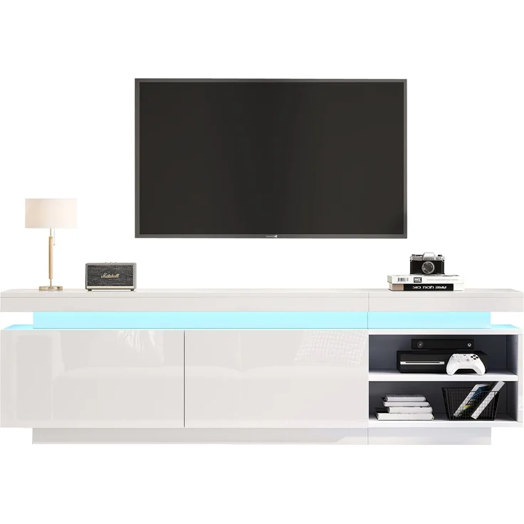 Merax Moderner Lowboard Hochglanz-TV-Schrank mit LED-Beleuchtung, TV-Board, TV-Kommode, geeignet für 75-Zoll-TVs,Tisch, universeller Gaming-Medienständer, Aufbewahrungsschrank und großer Stauraum, weiß – Bild 9