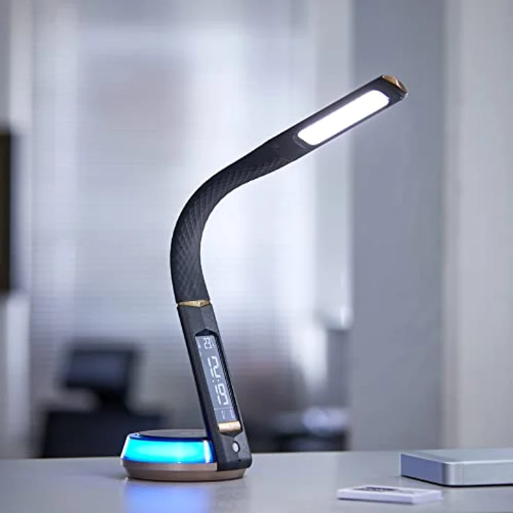 Northpoint LED Schreibtischlampe Lederoptik mit QI-Ladestation, Touch dimmbar, Warm-/Kaltweiß, Uhranzeige, Schwarz – Bild 5