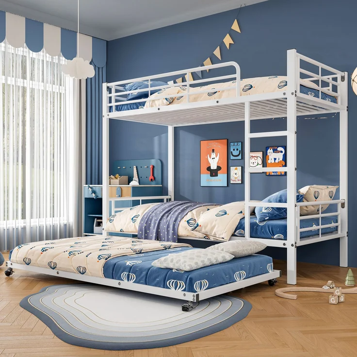 Bett 90x200/90x190 cm Etagenbett mit Ausziehbett, Weiß, Metall – platzsparend und EN-747-zertifiziert – Bild 2