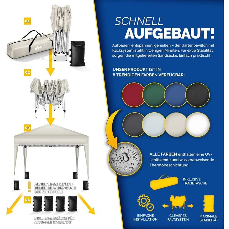 tillvex Pop-Up Faltpavillon mit Tasche, wasserdicht, höhenverstellbar & UV Schutz 50+, Stahl / Polyester, 3x3 m, Beige – Bild 10