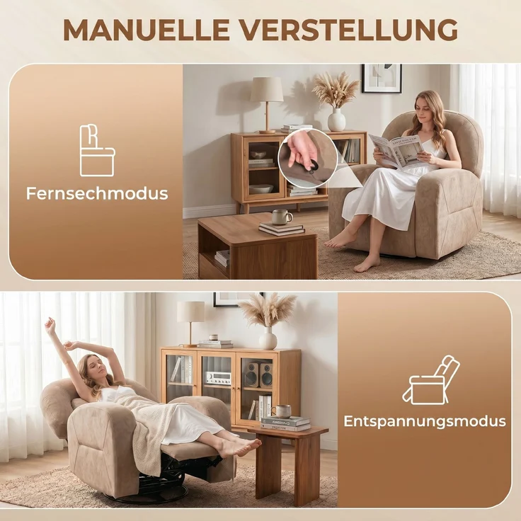 Wohnora-Relaxsessel, 360° Drehbarer Liegesessel mit Wolkenweichem Samtstoff, Breitem Sitz, für Wohnzimmer, Khaki,H 1000cm x T 930cm x B 750cm – Bild 5