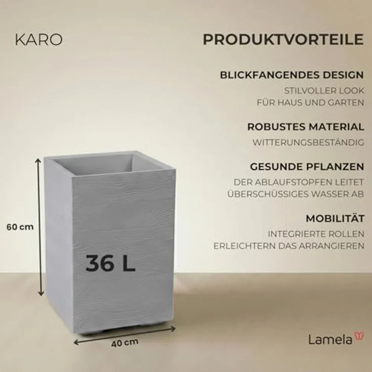 LAMELA Pflanzkübel mit Rollen Höhe 60 cm, 36L – Blumentopf aus Kunststoff in Holzoptik – Übertopf mit Wasserablauf – Modern für Innen & Außen - Wetterfest & Pflegeleicht, Grau – Bild 3