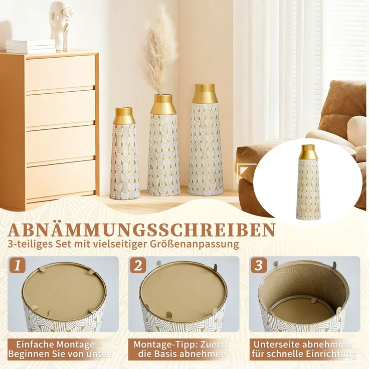 Goldene Bodenvase 3er Set, Moderne Metall Vase mit geometrischem Muster, 42/51/60,5 cm Groß Dekovase für Wohnzimmer, Esszimmer, Trockenblumen & Pampasgras--Gold--24.73x23.6x66.49cm--YOUDENOVA – Bild 6