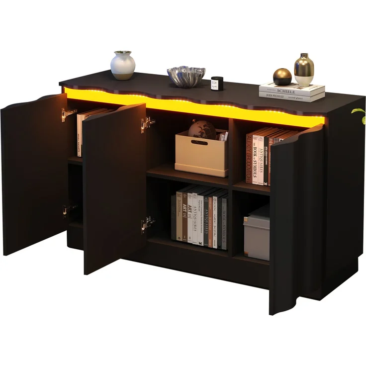 Sideboard 120x39,5x69,5 cm in Schwarz mit 3 Türen, LED-Beleuchtung und verstellbaren Einlegeböden – Bild 5
