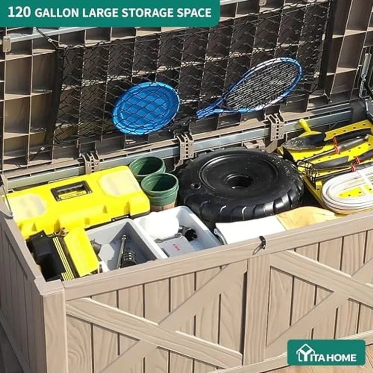 YITAHOME Große Aufbewahrungsbank 450 Liter mit X-Front, Wetterfeste Outdoor-Sitzbank, Resin Gartenbox für Terrassenkissen, Poolzubehör, Gartengeräte - Abschließbar, Hellbraun – Bild 4