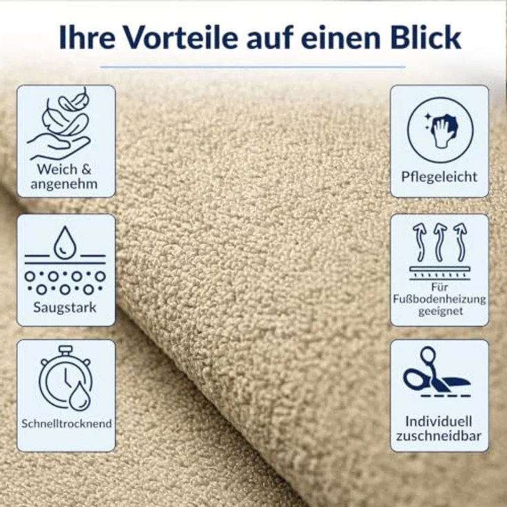 ANRO Badematte AquaComfort Mikrofaser Schlingen-Badläufer, 60x100 cm, beige, rutschhemmend, schnelltrocknend, zuschneidbar, Fußbodenheizung geeignet – Bild 4