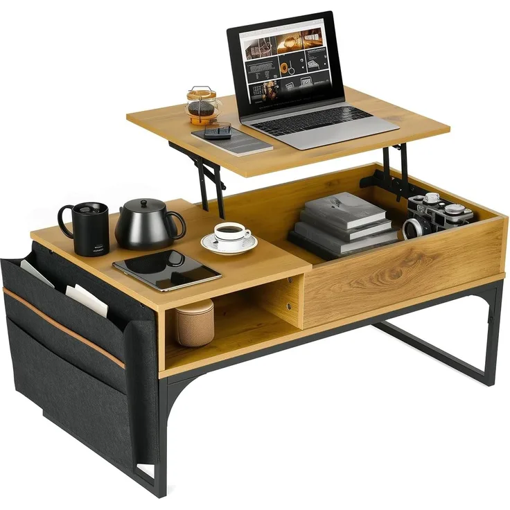 MEUBLE COSY Couchtisch höhenverstellbarer Wohnzimmertisch Kaffeetisch Ausziehbarer Sofatisch mit Offener und Versteckter Fach Stoff-Organizer, Stahlgestell, Hellbraun, 100 x 50 x 45 cm