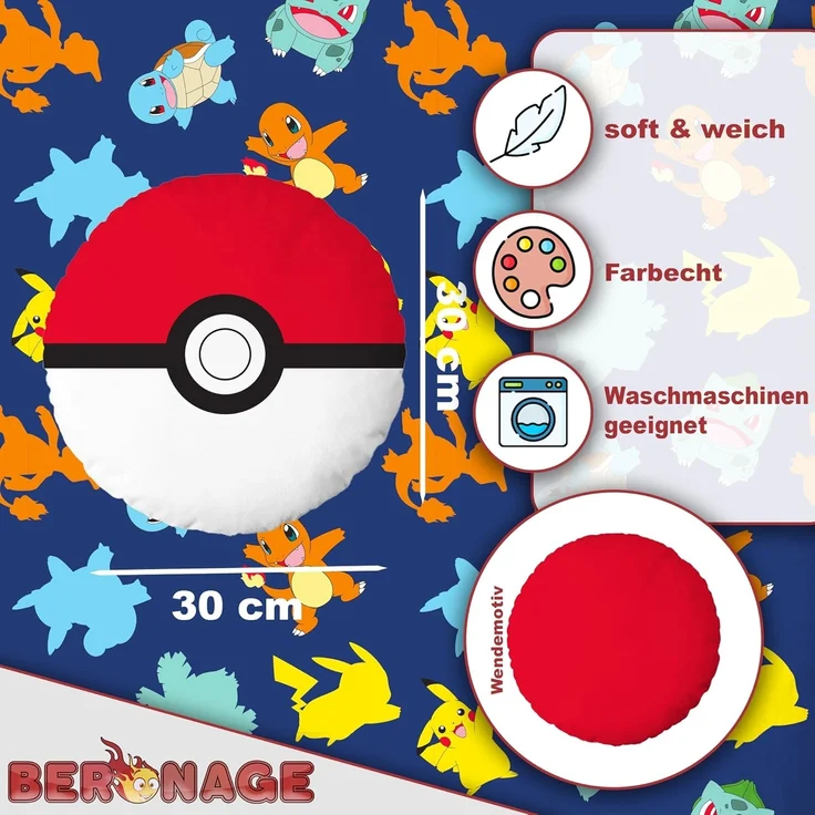 BERONAGE Dekokissen Pokemon Pokéball Konturen-Kissen rund 30x30 cm 100% Polyester, passend zur Bettwäsche, ideal für Sofa, Couch, Bett, Auto, Camping – Bild 2