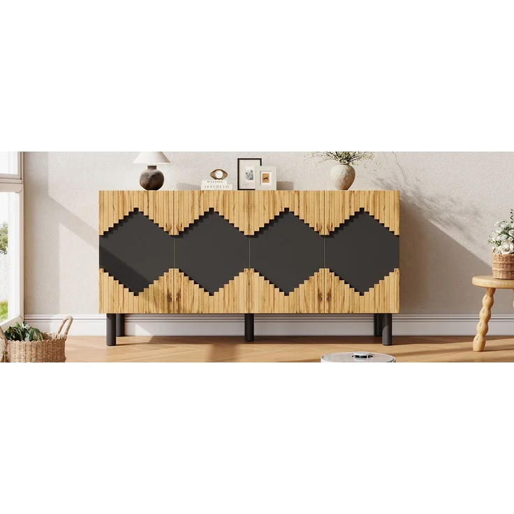 ZUBALIYA Sideboard 140x40x70 cm, mit 2 Türen, aus MDF / Spanplatte, Natur / Schwarz – Bild 11