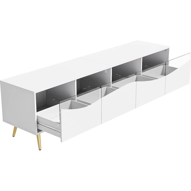 Merax 180cm TV-Schrank Lowboard mit LED-Beleuchtung, holzfarbener Korpus, goldenen Metallfüßen, Glasfront & Stauraum, Weiß – Bild 7