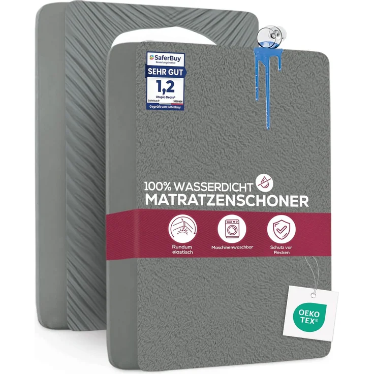 Utopia Bedding Matratzenschoner 180 x 200 x 40 cm Wasserdicht, Oeko-TEX Zertifiziert Matratzenauflage Atmungsaktive, Matratzenschutz, Rundum Elastisch Grau