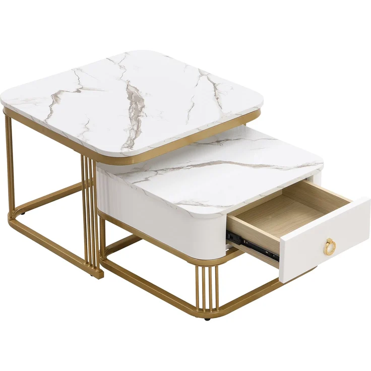 Merax Couchtisch Set Marmoroptik mit Schublade, Beistelltisch hochglanz, Satztisch,Wohnzimmertisch, Gold | Weiß – Bild 7