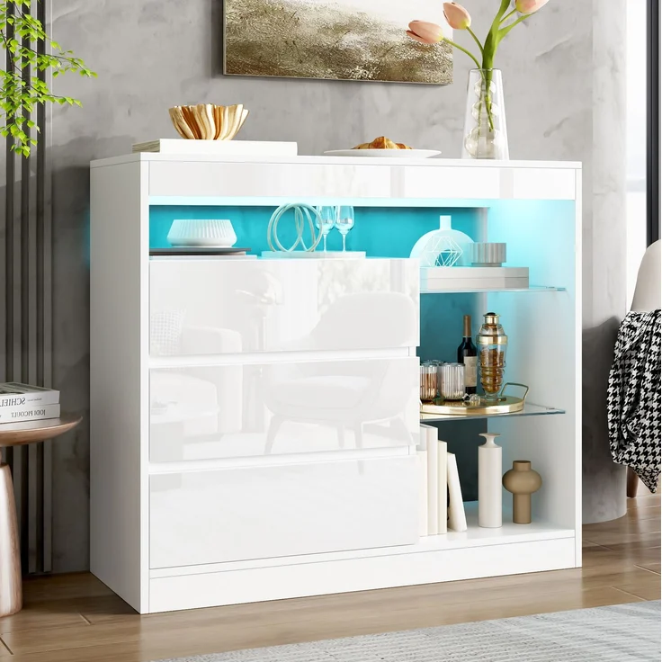 Sideboard 90 x 35 x 80 cm mit 3 Schubladen, Glasböden und LED-Beleuchtung – Weiß Hochglanz – Bild 4