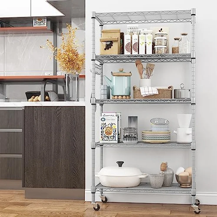 Regal mit 5 Regalböden und Rädern, Robustes Metalldrahtregal mit Haken, höhenverstellbar, für Badezimmer, Küche, Garage (76 x 35 x 158 cm), Silber – Bild 11