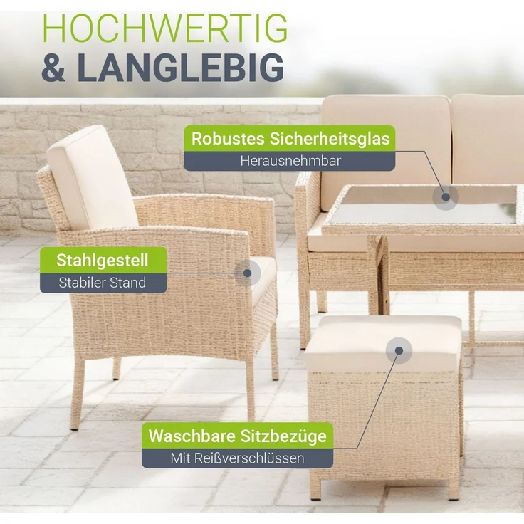 Juskys Polyrattan Gartenmöbel Sitzgruppe Turin Set 6 teilig inkl. Abdeckung - 7 Personen - Outdoor Möbel mit Sessel, Hocker, Tisch & Kissen - Garten Loungemöbel Creme / Sand – Bild 4