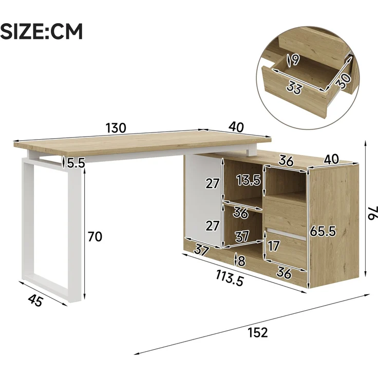 Flieks L-förmiger Schreibtisch 152x113.5x76 cm, Bürotisch mit 2 Schubladen, 3 offenen Regalen & 1 Schrank, Naturholzfarbe & Weiß – Bild 4