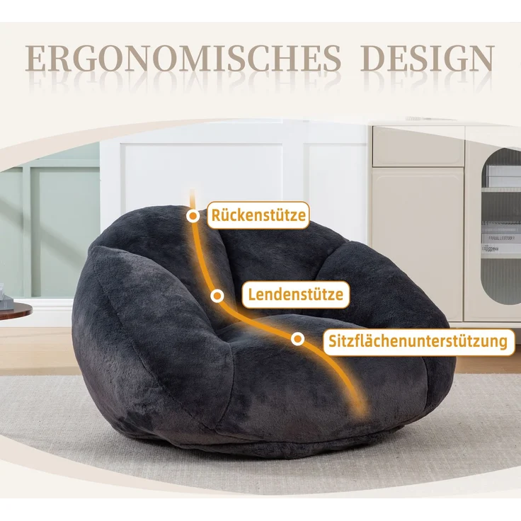 LVHOM Sitzsack XXL, Bodensofa aus Faux Fur, Montagefreier Bean Bag, für Wohnzimmer, Lounge, Schlafzimmer, Anthrazit – Bild 4