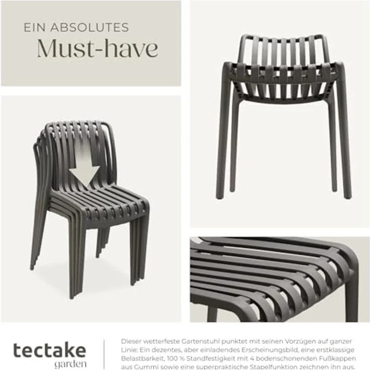tectake Gartenstuhl Balkonstuhl, stapelbar, Belastbarkeit 110 kg, 47 x 58 x 80,5 cm (Terrassenstuhl Alcudia für Außen in Antrazit, 2 St), wetterfest und UV-beständig, pflegeleicht, rutschfeste Gummischoner – Bild 7